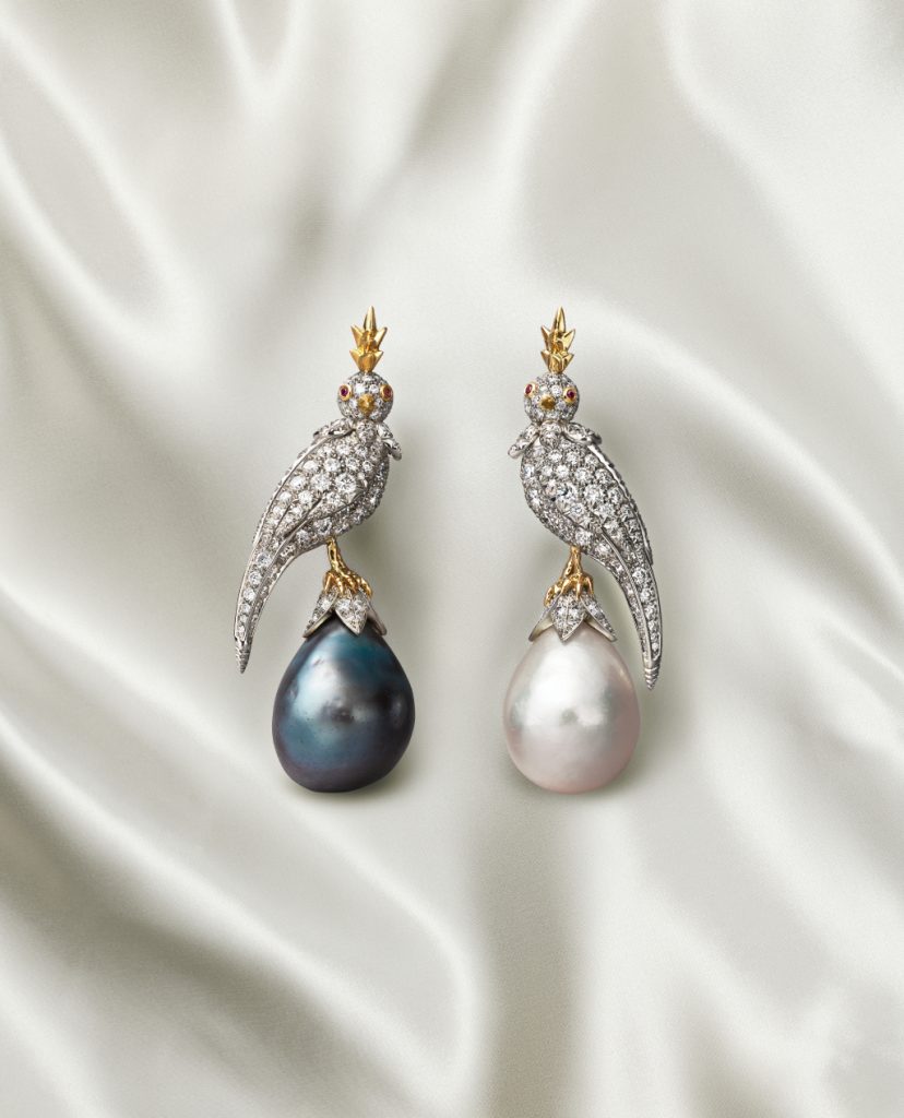 Tiffany & Co. Schlumberger™ Bird on a Pearl earrings in platinum and 18k yellow gold with a natural saltwater white drop pearl of over 14 carats, a natural saltwater dark gray drop pearl of over 17 carats, diamonds and pink sapphires