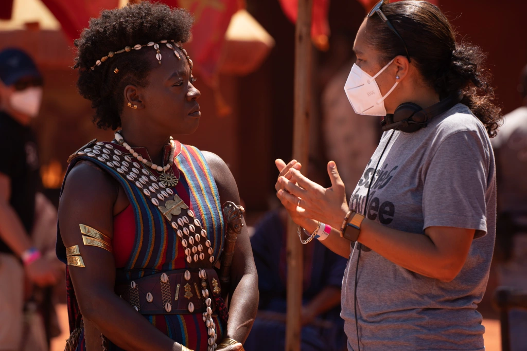 Viola Davis and director Gina Prince-Bythewood on the set of The Woman King