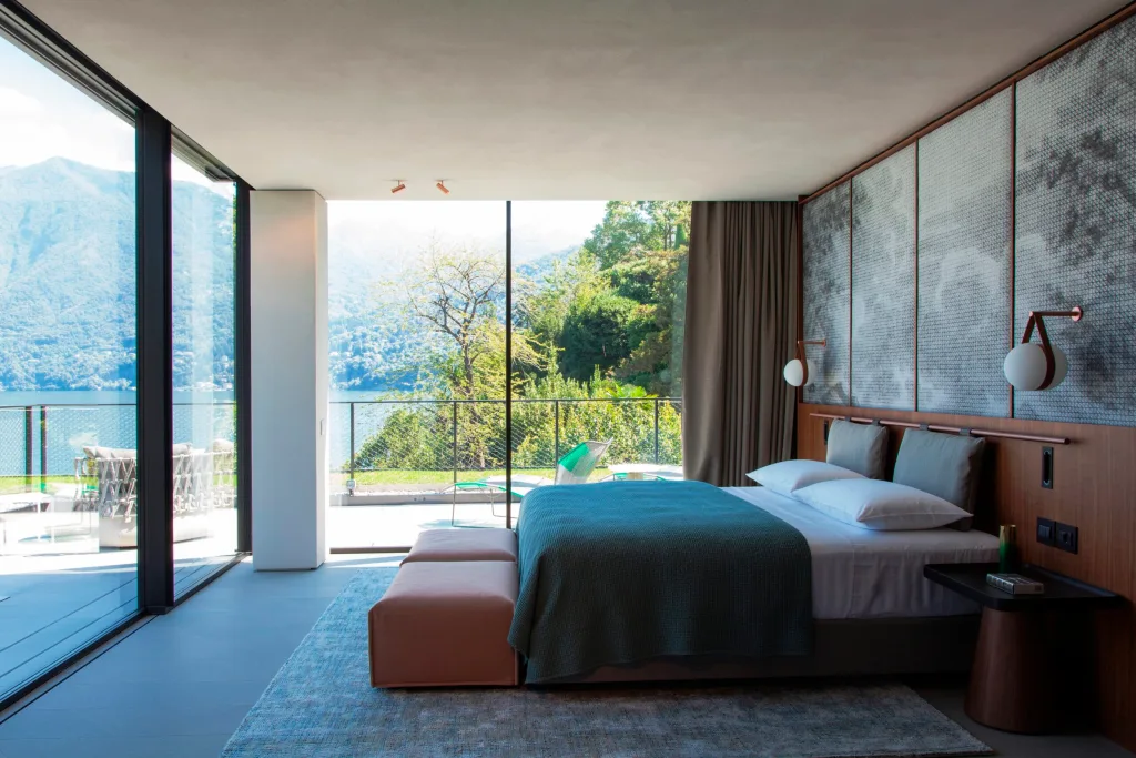 inside one of the hotel rooms, overlooking view of mountains