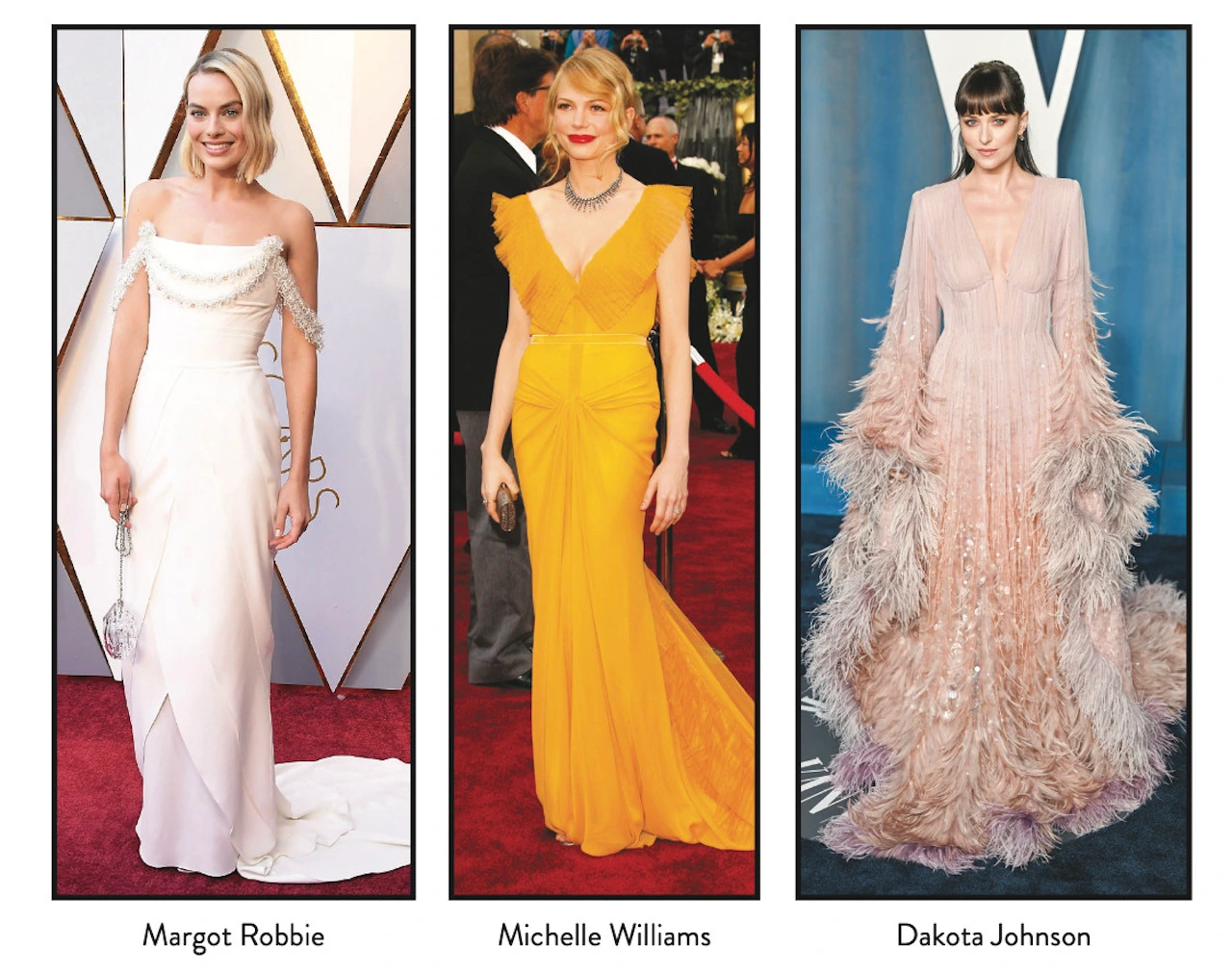 Margot Robbie, Michelle Williams and Dakota Johnson on the red carpet.