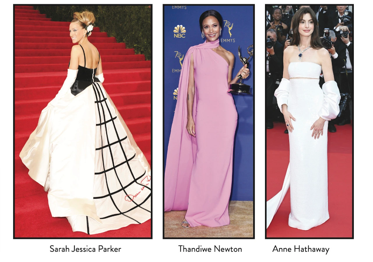 Sarah Jessica Parker, Thandiwe Newton and Anne Hathaway posing on the red carpet.