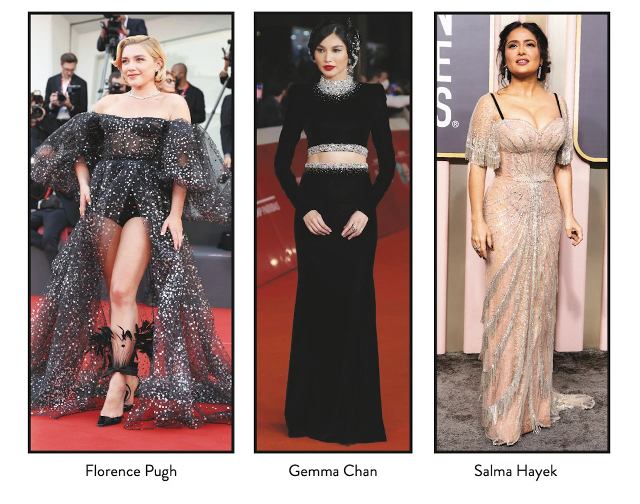 Florence Pugh, Gemma Chan and Salma Hayek posing for the camera at a red carpet event.