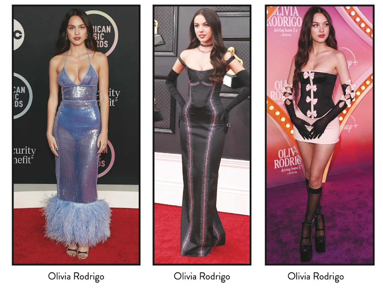 Olivia Rodrigo posing for the camera at three red carpet events, wearing three different dresses all styled by Chloe and Chenelle Delgadillo.