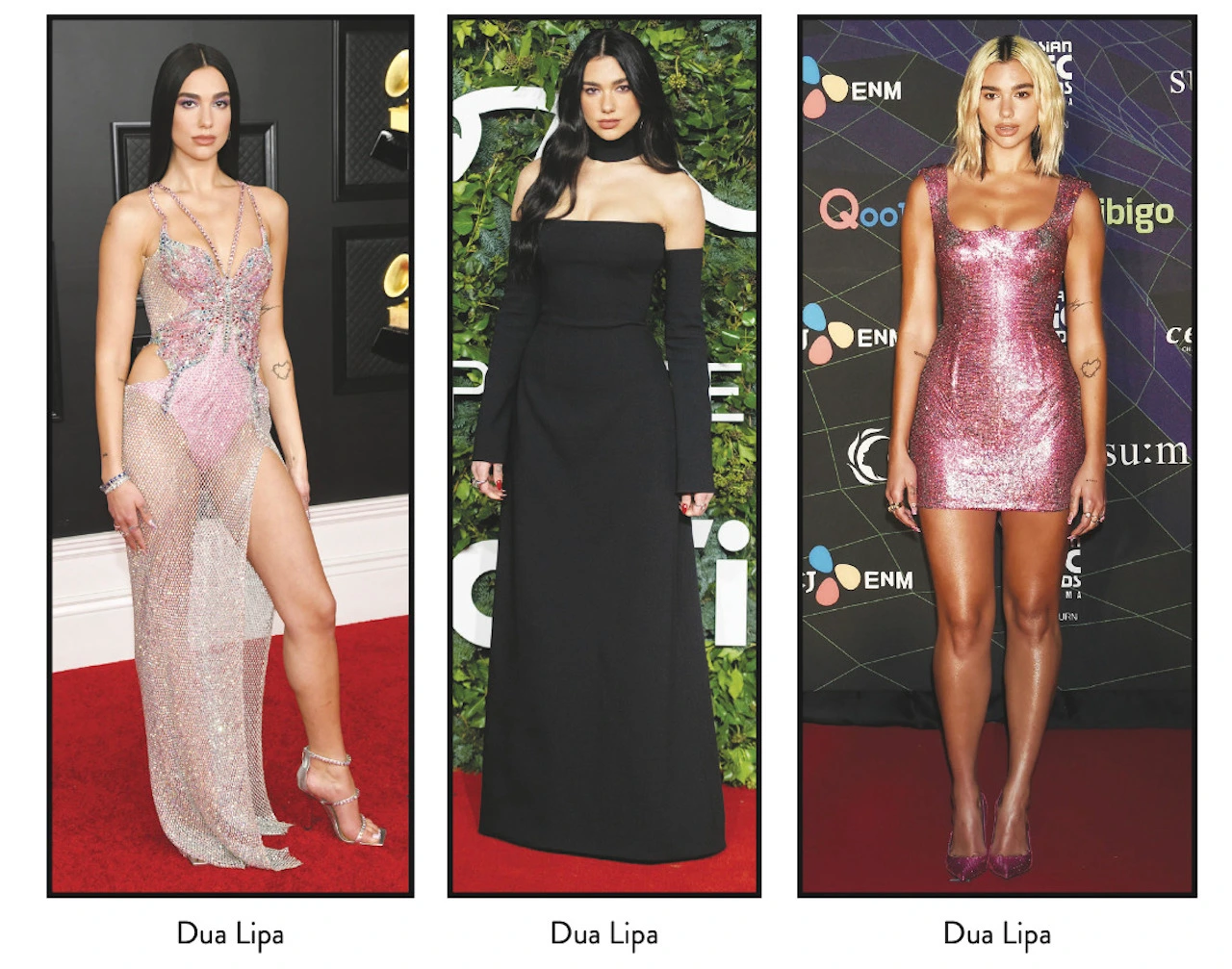 Dua lipa at three red carpet events wearing different dresses.