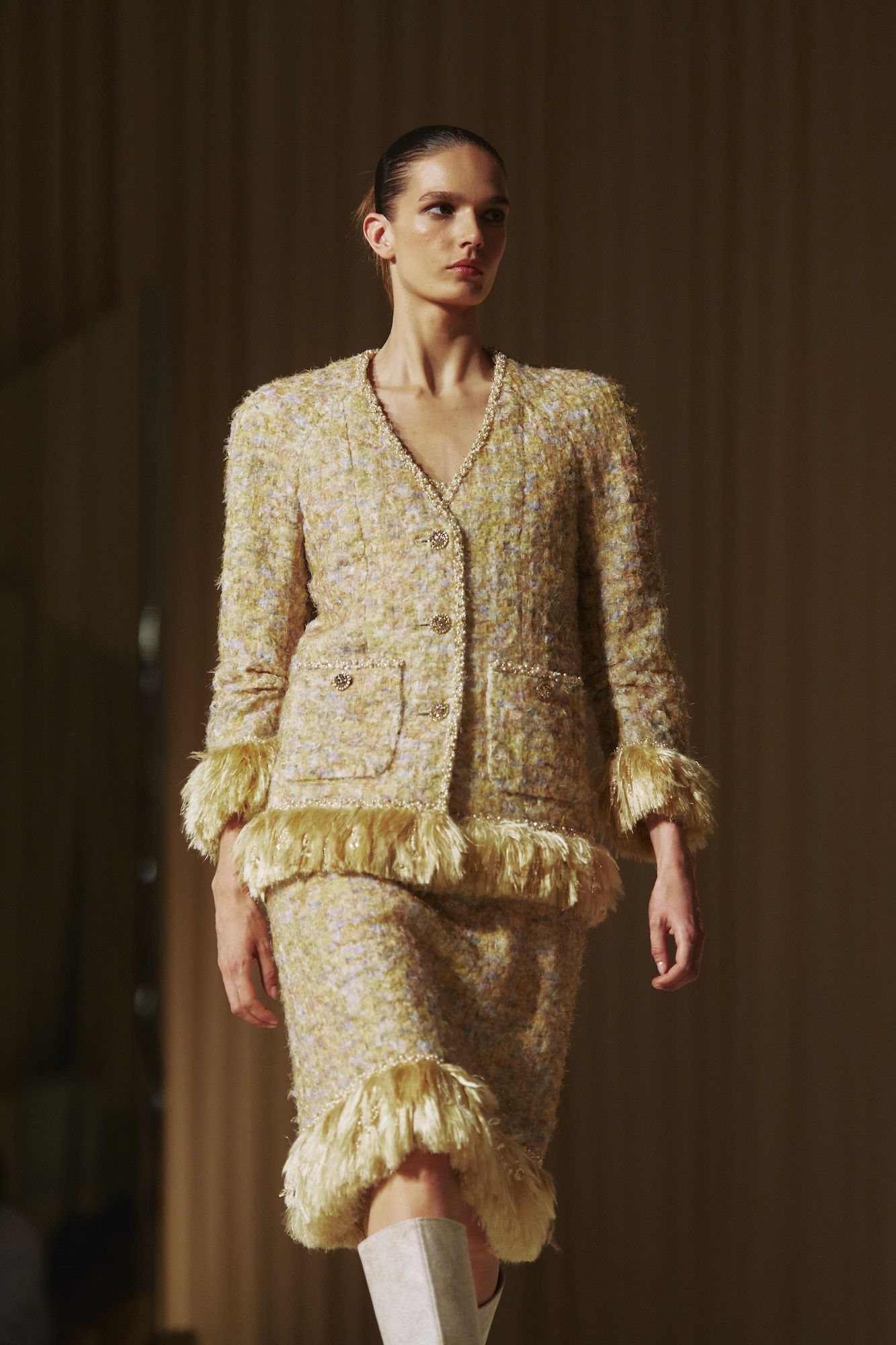 Tweed jacket at Chanel Fall/Winter 2025 haute couture runway looks at Paris Fashion Week