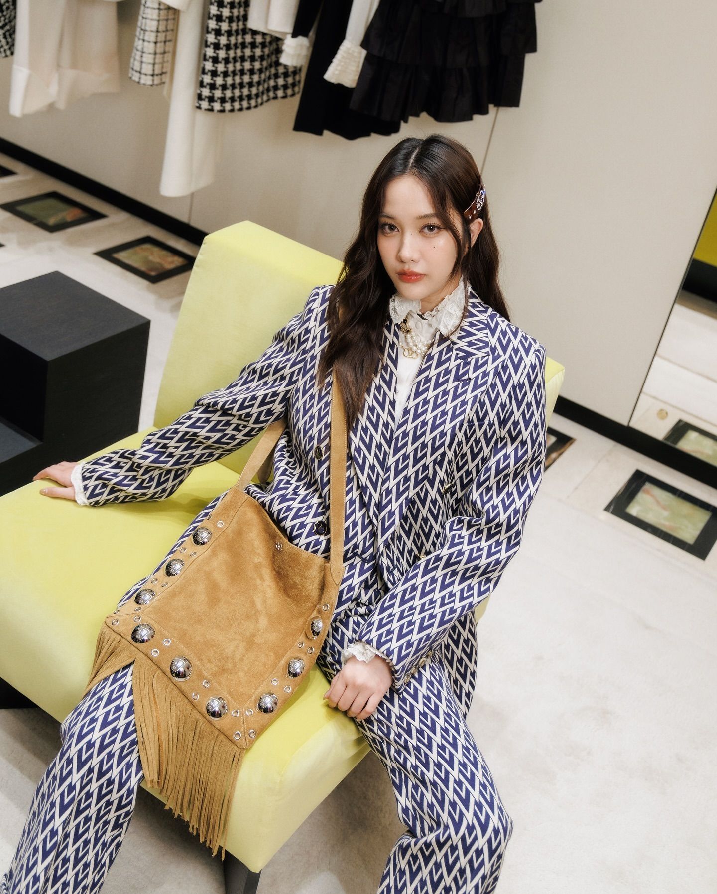Freen in a patterned Valentino suit (Photo: Instagram / srchafreen)