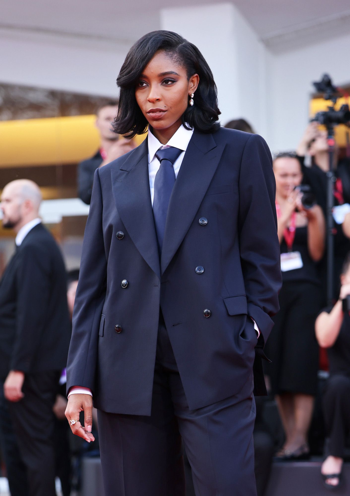 Jessica Williams attended the “Frankenstein” screening in a Giorgio Armani navy suit - Venice Film Festival 2025 red carpet
